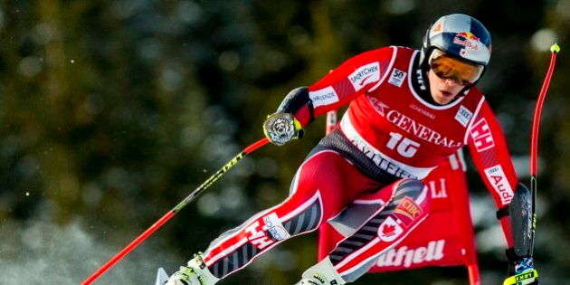 Canada's Erik Guay competes to place third in the FIS World Cup Alpine Skiing Mens Super G event in Kvitfjell, Norway, February 26, 2017. / AFP / NTB Scanpix / Vegard Wivestad Grott / Norway OUT (Photo credit should read VEGARD WIVESTAD GROTT/AFP/Getty Images)