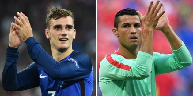 A combination of two file pictures made on July 8, 2016 shows France's forward Antoine Griezmann (L) in Marseille on July 7, 2016, and Portugal's forward Cristiano Ronaldo (L) in Decines-Charpieu, near Lyon, on July 6, 2016.France will face Portugal in the Euro 2016 final football match at the Stade de France in Saint-Denis, north of Paris, on July 10, 2016. / AFP / Bertrand LANGLOIS AND Francisco LEONG (Photo credit should read BERTRAND LANGLOIS,FRANCISCO LEONG/AFP/Getty Images)