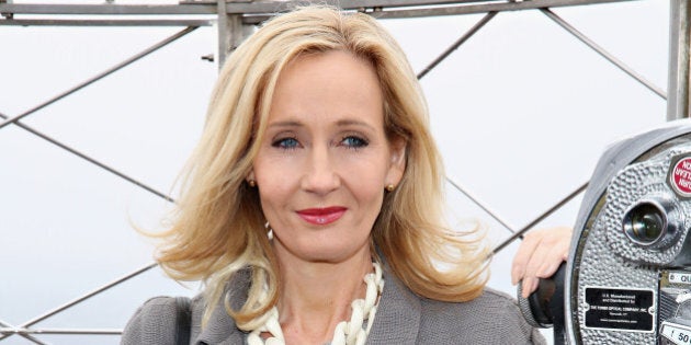 NEW YORK, NY - APRIL 09: Founder and President of Lumos and Patron of Lumos USA/ Author J.K. Rowling ceremoniously lights the Empire State Building in Lumosà colors of purple, blue and white to mark the US launch of her non-profit organization at The Empire State Building on April 9, 2015 in New York City. (Photo by Cindy Ord/Getty Images)