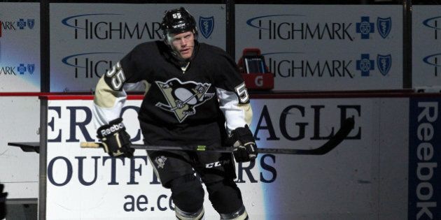 Dec 16, 2013; Pittsburgh, PA, USA; Pittsburgh Penguins defenseman Philip Samuelsson (55) takes the ice for his NHL debut against the Toronto Maple Leafs during the first period at the CONSOL Energy Center. Mandatory Credit: Charles LeClaire-USA TODAY Sports
