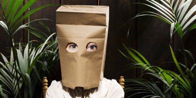 Woman with paper bag on head (Digital Composite)