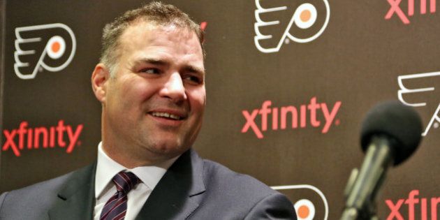 PHILADELPHIA, PA - NOVEMBER 20: Eric Lindros speaks to the media before being inducted into the Philadelphia Flyers Hall of Fame prior to the Flyers playing the Minnesota Wild on November 20, 2014 at the Wells Fargo Center in Philadelphia, Pennsylvania. (Photo by Len Redkoles/NHLI via Getty Images)