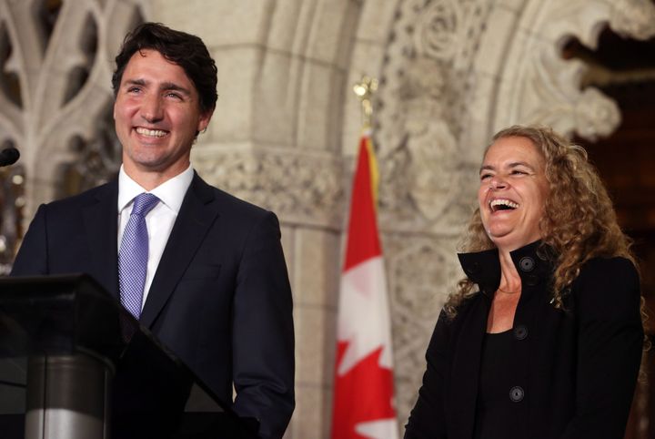 Prime Minister Justin Trudeau shares a laugh with former astronaut, and Governor General designate, Julie Payette, on Parliament Hill, in Ottawa, Thursday July 13, 2017. THE CANADIAN PRESS/Fred Chartrand