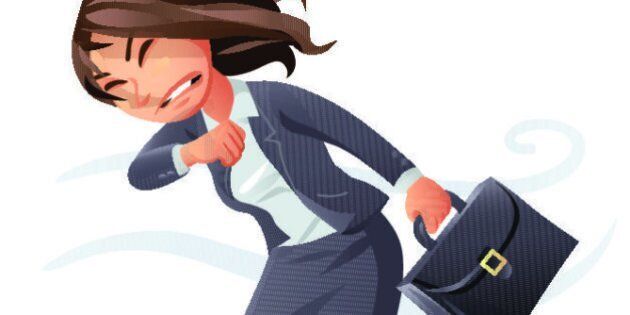Vector illustration of a businesswoman with long brown hair and a briefcase facing strong headwinds on her way to a top job. Concept for gender inequality, obstacles in workplace and promotions.
