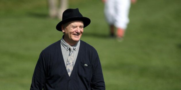 Feb 11, 2015; Pebble Beach, CA, USA; Film actor Bill Murray reacts to play on the seventeenth hole during the practice round of the Pebble Beach Pro-Am at Pebble Beach Golf Links. Mandatory Credit: Jason Getz-USA TODAY Sports