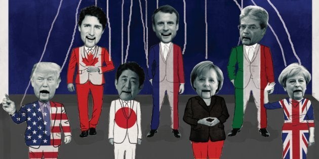 Cette image montrant les leaders du G7 déguisés en marionnettes est utilisée pour promouvoir la manifestation de jeudi soir, au parc de Braves.