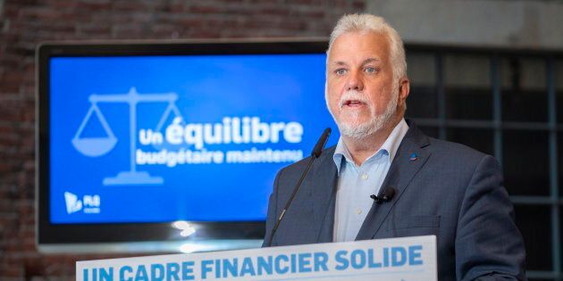Philippe Couillard au dévoilement du cadre financier du PLQ, mercredi matin.