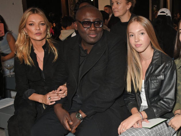 LONDON, ENGLAND - SEPTEMBER 17: (L to R) Kate Moss, Edward Enninful and Lila Grace Moss Hack attend Topshop's London Fashion Week show on September 17, 2017 in London, England. (Photo by David M. Benett/Dave Benett/Getty Images for TOPSHOP)