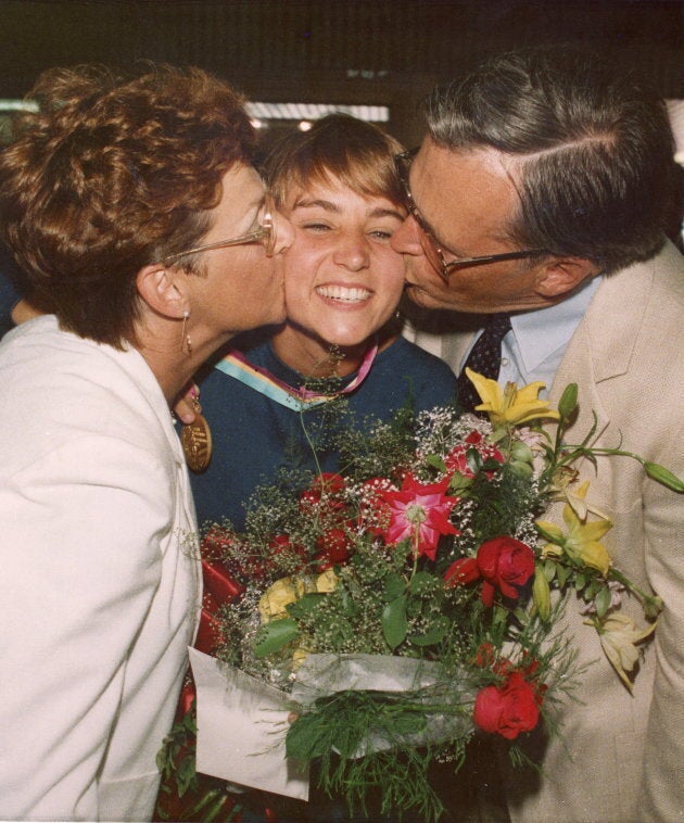 Sylvie Bernier, à son retour des Jeux olympiques de Los Angeles, en 1984, où elle a remporté la médaille d'or au tremplin de trois mètres.