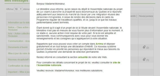 Une capture d'écran du courriel envoyé à tous les candidats qui pourraient perdre leur dossier une fois le projet de loi 9 adopté.