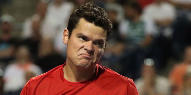 TORONTO, ON- JULY 29 - Milos Raonic reacts after missing a shot on his way to a loss to Gael Monfils in quarterfinal action at the Rogers Cup ATP 1000 tournament semi-final action at the Aviva Centre in Toronto. July 29, 2016. (Steve Russell/Toronto Star via Getty Images)