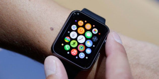 The new Apple Watch is shown during a new product release on Tuesday, Sept. 9, 2014, in Cupertino, Calif. (AP Photo/Marcio Jose Sanchez)