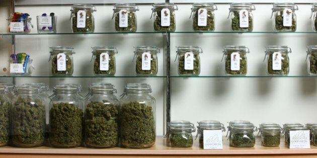 Lakewood, CO - MARCH, 4: Jars of medical cannabis line the shelves inside a Good Meds medical cannabis center in Lakewood, Colorado, U.S., on Monday, March 4, 2013. This is at a Good Meds medical cannabis center in Lakewood, and is one of the facilities that Kristi Kelly, Co-Founder of Good Meds Network, operates.(Photo by Matthew Staver/For The Washington Post via Getty Images)