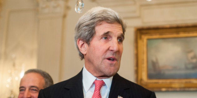 WASHINGTON, DC - FEBRUARY 26: U.S. Secretary of State John Kerry speaks during a photo op at The State Department on February 26, 2014 in Washington, DC. Affleck, founder of the Eastern Congo Initiative, will testify before the Senate Foreign Relations Committee about the war torn African country. (Photo by Kris Connor/Getty Images)