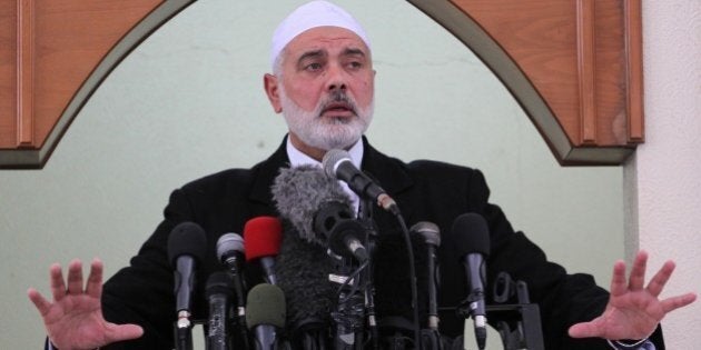 GAZA CITY, GAZA MARCH 06: Senior Hamas leader Ismail Haniyeh gives a speech before the Friday prayer at al-Katibah Mosque in Gaza City on March 06, 2015. Haniyeh on Friday said a recent Egyptian court decision to designate the Hamas a 'terrorist organization' would have 'no political implications.' (Photo by Mohammed Asad/Anadolu Agency/Getty Images)