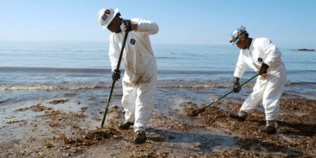 Crews from Patriot Environmental Services collect oil-covered seaweed and sand from the shoreline at Refugio State Beach, north of Goleta, Calif., Wednesday, May 20, 2015. A broken onshore pipeline spewed oil down a storm drain and into the ocean for several hours Tuesday before it was shut off, creating a slick some 4 miles long about 20 miles west of Santa Barbara. (AP Photo/Michael A. Mariant)