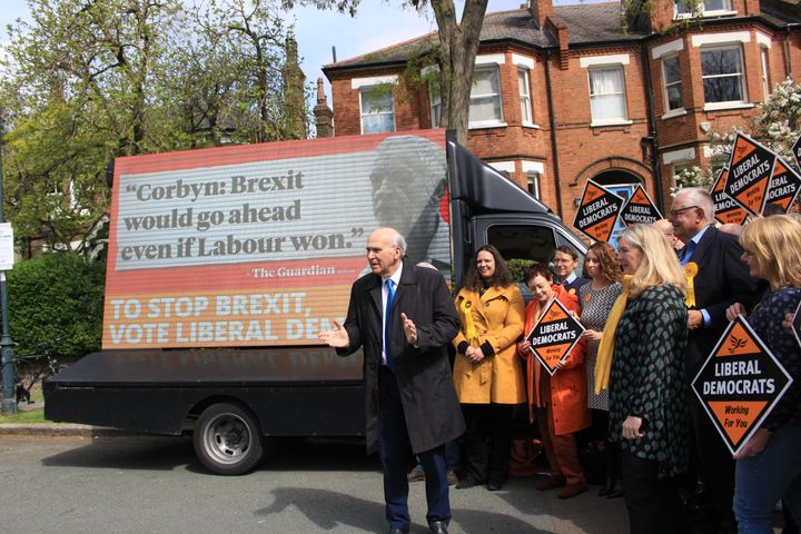 Lib Dem leader Vince Cable launches a campaign poster in Jeremy Corbyn's constituency.