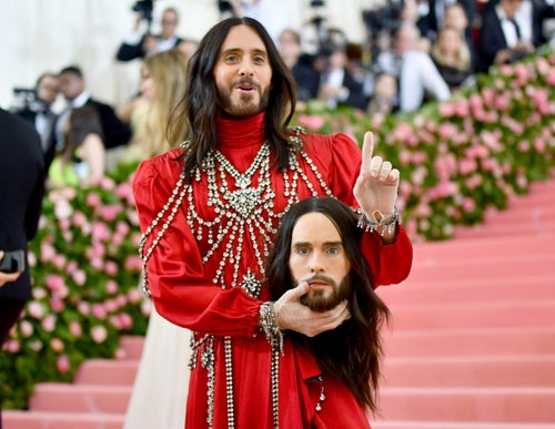 jared leto red dress Jared Leto Carried His Own Severed Head To The Met Gala