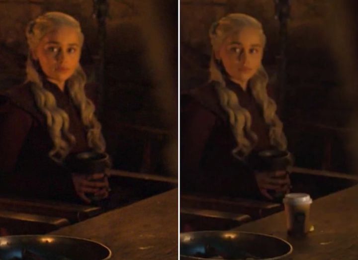 Emilia Clarke in both versions of the scene