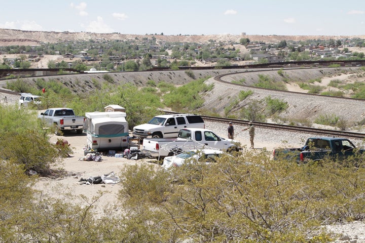 The camp of the United Constitutional Patriots, a citizen immigration patrol, near the U.S.-Mexico border on April 23. Members of the camp were evicted by police hours later.