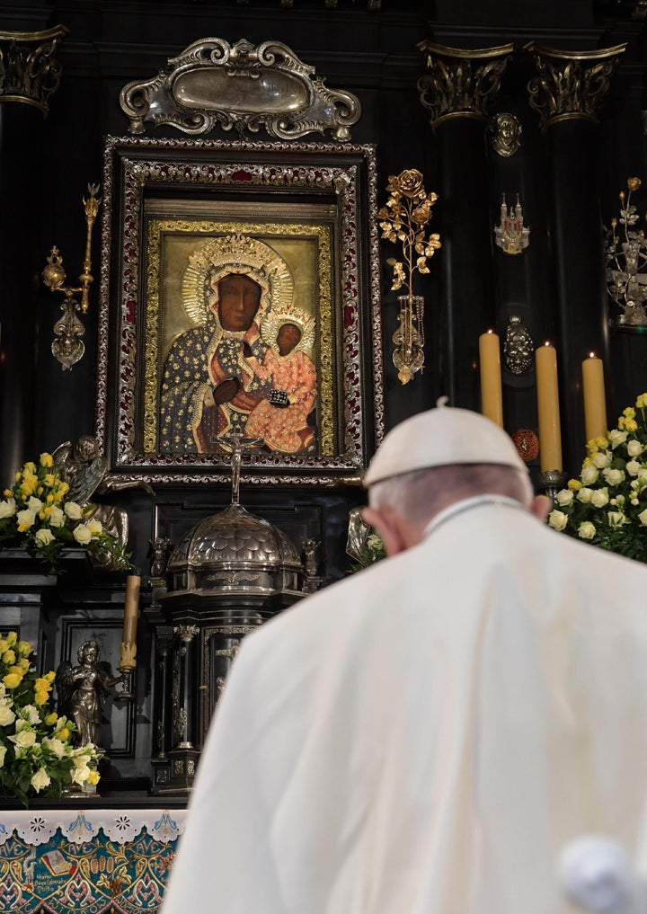 Pope Francis prays in front of the Black Madonna in the Jasna Gora shrine in Czestochowa, Poland, on July 28, 2016.