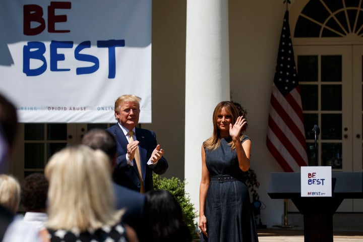 President Donald Trump applauds first lady Melania Trump at the conclusion of a program for the first lady's Be Best initiative in the Rose Garden of the White House on May 7, 2019, in Washington. 