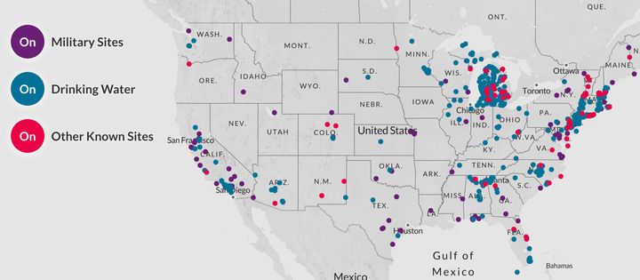 A map of sites contaminated by PFAS created using data from the EPA, the Defense Department and Northeastern University.