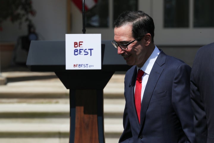 U.S. Treasury Secretary Steven Mnuchin arrives at a White House event Tuesday to celebrate first lady Melania Trump's &ldquo;