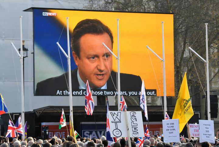 An outdoor screen displays a broadcast of former British Prime Minister David Cameron at the March to Leave demonstration in March.