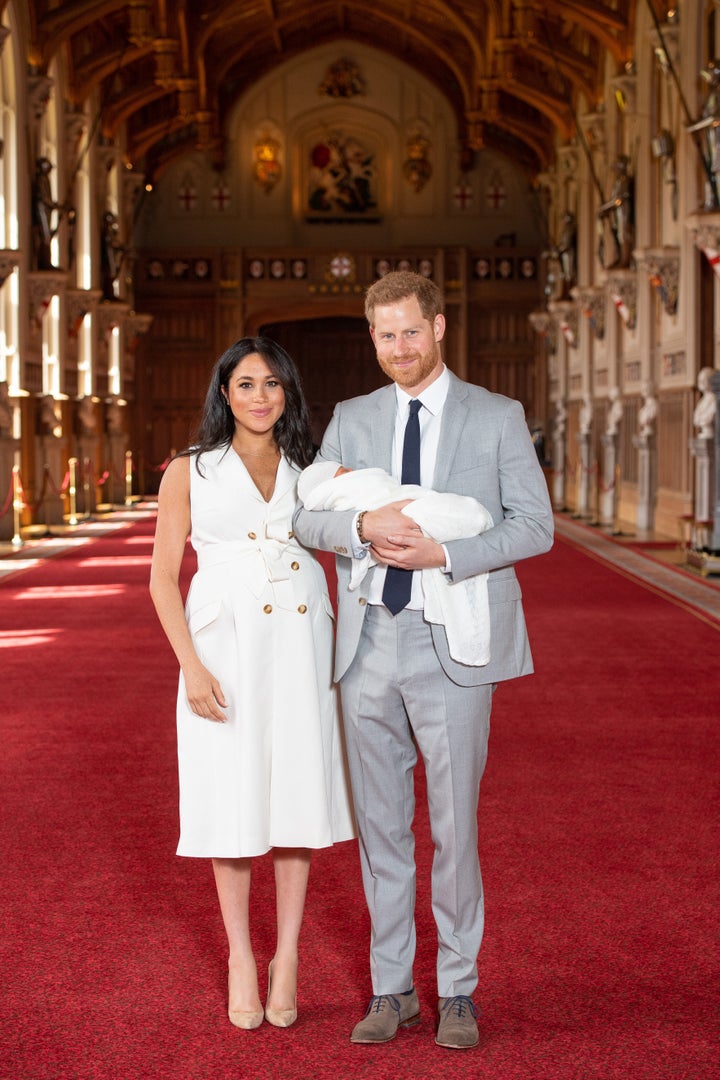 The Duke and Duchess of Sussex with their baby son, who was born on Monday morning, during a photocall in St George's Hall at Windsor Castle in Berkshire.