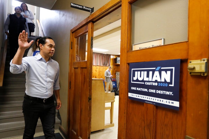 Democratic presidential candidate Julián Castro arrives at a meeting with Iowa State University students in May. The former housing secretary was the first 2020 candidate to commit to paying campaign staff $15 an hour.