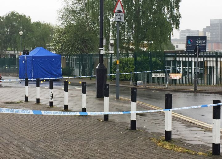 The scene in St Vincent Street, Ladywood, Birmingham, following the fatal shooting of a man outside a primary school on May 7, as stunned witnesses have told of the moment a gunman opened fire on a car outside a primary school, leaving a 23-year-old man dying in the street.