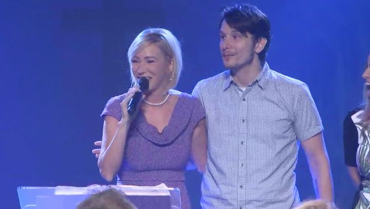 Paula White speaks at New Destiny Christian Center, which has been renamed City of Destiny, with her son, Bradley Knight.