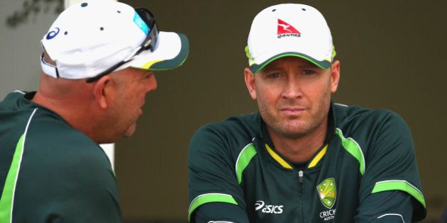 NOTTINGHAM, ENGLAND - AUGUST 08: Australian coach Darren Lehmann and Michael Clarke of Australia talk after day three of the 4th Investec Ashes Test match between England and Australia at Trent Bridge on August 8, 2015 in Nottingham, United Kingdom. (Photo by Ryan Pierse/Getty Images)