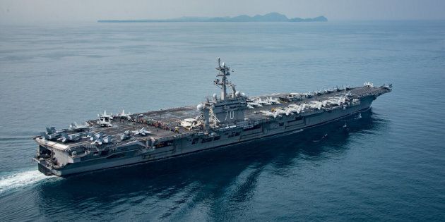 The aircraft carrier USS Carl Vinson transits the Sunda Strait on April 15, 2017.