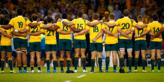 CARDIFF, WALES - SEPTEMBER 23: Australia players line up prior to the 2015 Rugby World Cup Pool A match between Australia and Fiji at the Millennium Stadium on September 23, 2015 in Cardiff, United Kingdom. (Photo by Laurence Griffiths/Getty Images)