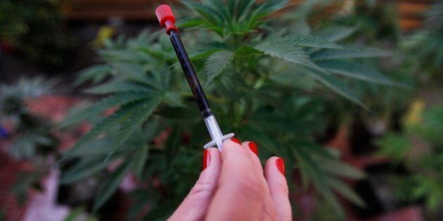 In this Nov. 16, 2014 photo, Paulina Bobadilla, shows a syringe full of cannabis oil she has extracted from her small plantation of marijuana plants at her home in Santiago, Chile. Bobadilla gives her 7-year-old daughter a few drops of the oil each day which has made their lives bearable.