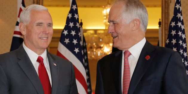 U.S. Vice President Mike Pence meets with Australia's Prime Minister Malcolm Turnbull at Admiralty House in Sydney.