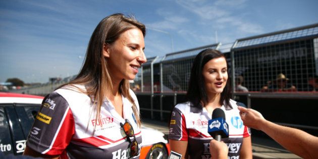 BATHURST, AUSTRALIA - OCTOBER 07: Simona De Silvestro and Renee Gracie drivers of #200 Harvey Norman Supergirls Falcon, speak to the media ahead of the Bathurst 1000, which is race 25 of the V8 Supercars Championship at Mount Panorama on October 7, 2015 in Bathurst, Australia. (Photo by Robert Cianflone/Getty Images)
