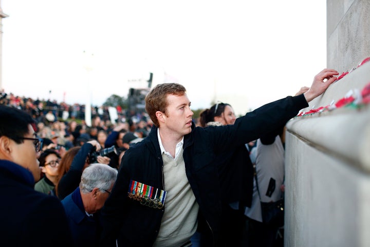 Poppies are placed on the Cenotaph following the Dawn Service at the Auckland War Memorial Museum.