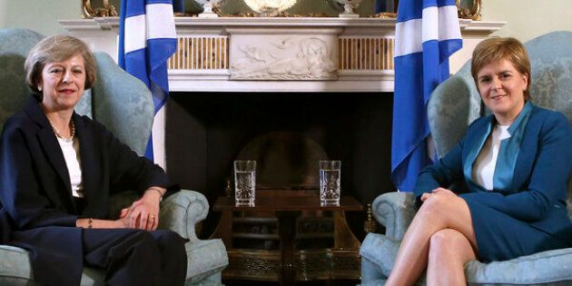New British Prime Minister Theresa May meeting First Minister of Scotland, Nicola Sturgeon at Bute House in Edinburgh, Scotland, July 15, 2016. (REUTERS/James Glossop/Pool)