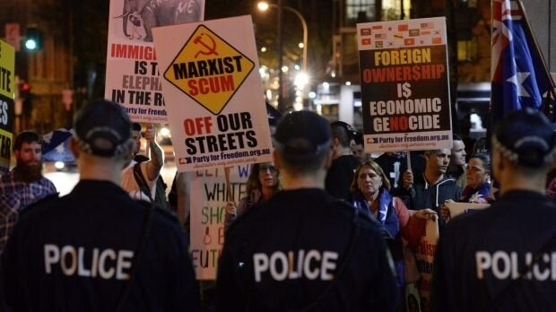 Protesters gathered outside the ABC buildings in Ultimo in the lead up to Q&A on Monday night.