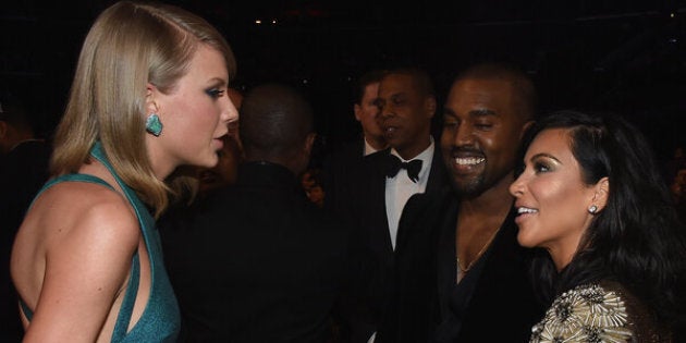 LOS ANGELES, CA - FEBRUARY 08: (L-R) Recording Artists Taylor Swift, Jay Z and Kanye West and tv personality Kim Kardashian attend The 57th Annual GRAMMY Awards at the STAPLES Center on February 8, 2015 in Los Angeles, California. (Photo by Larry Busacca/Getty Images for NARAS)