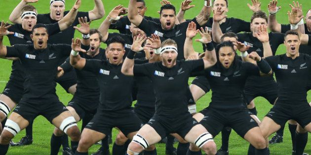 NEWCASTLE, ENGLAND - OCTOBER 09: New Zealand preform the Haka during the New Zealand and Tonga Group C, Rugby World Cup match at St James Park on October 09, 2015 in Newcastle, England. (Photo by Ian MacNicol/Getty Images)