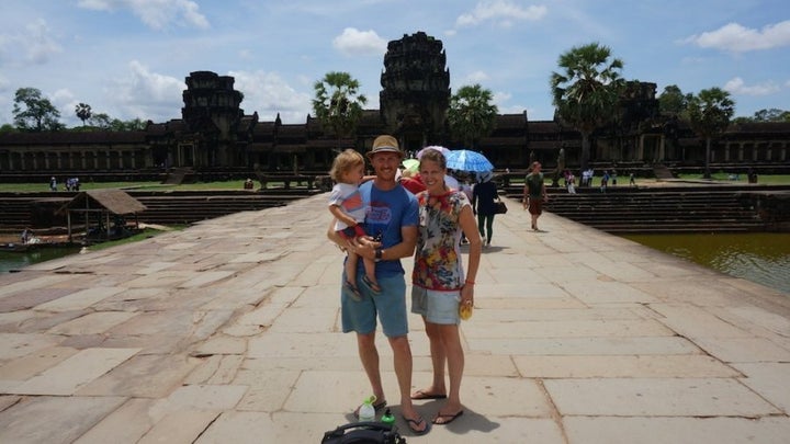 Sarah with her husband Chris and their son on their travels.