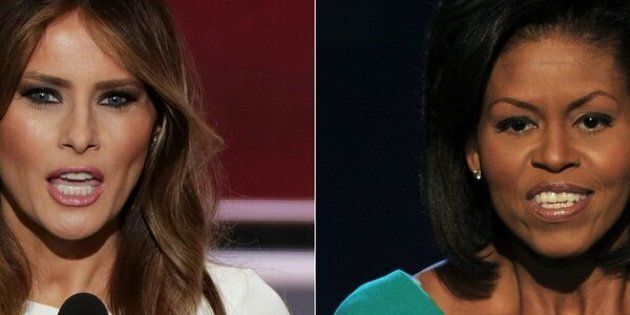 (COMBO) This combination of file pictures created on July 19, 2016 shows Melania Trump (L), wife of presumptive Republican presidential candidate Donald Trump, addressing delegates on the first day of the Republican National Convention on July 18, 2016 at Quicken Loans Arena in Cleveland, Ohio, on July 18, 2016 and Michelle Obama, wife of US Democratic presidential candidate Barack Obama, greeting the audience at the Democratic National Convention 2008 at the Pepsi Center in Denver on August 25, 2008.Donald Trump faced an embarrassing plagiarism scandal on July 19, 2016 that tarnished his wife Melania's prime-time speech to a Republican National Convention already roiled by an opening day rank-and-file revolt. It was a rough start to the four-day buildup to Trump's presidential nomination, one designed for maximum media exposure for the Republican standard bearer and his supporters. / AFP / ALEX WONG AND PAUL J. RICHARDS (Photo credit should read ALEX WONG,PAUL J. RICHARDS/AFP/Getty Images)