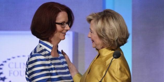 NEW YORK, NY - SEPTEMBER 24: Former U.S. Secretary of State Hillary Clinton greets former Australian Prime Minister Julia Gillard during the Clinton Global Initiative (CGI), on September 24, 2014 in New York City. The annual meeting, established in 2005 by President Clinton, convenes global leaders to discuss solutions to world problems. (Photo by John Moore/Getty Images)