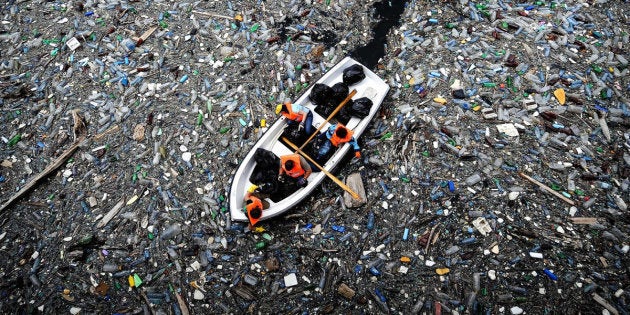 Discarded plastic bottles and other garbage blocks the Vacha Dam, near the Bulgarian town of Krichim, on April 25, 2009. Single-use plastic containers like bottles and plastic bags are