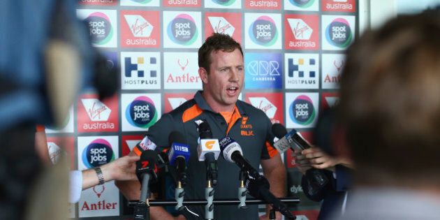 SYDNEY, AUSTRALIA - OCTOBER 21: Steve Johnson of the Giants speaks to the media during a Greater Western Sydney Giants AFL media opportunity at Tom Wills Oval on October 21, 2015 in Sydney, Australia. (Photo by Ryan Pierse/Getty Images)