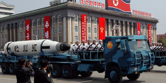 A North Korean navy truck carries a ballistic missile during a military parade in April.